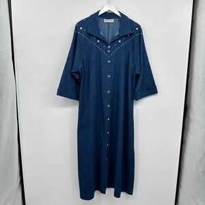 Vintage Denim Midi Dress Large Studded Pockets Western Cottagecore Prairie USA